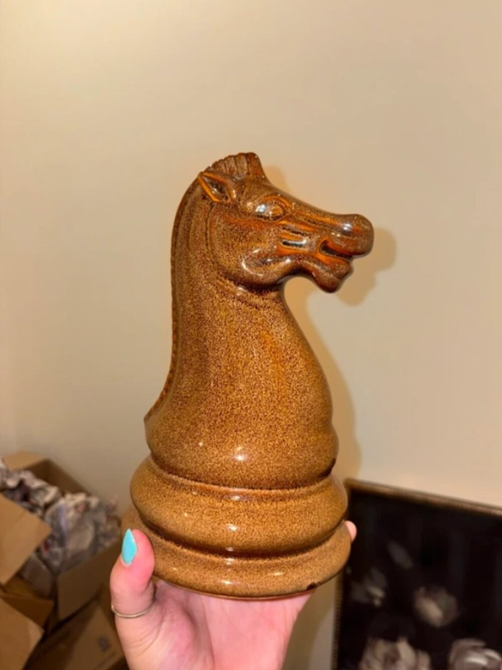 Large Ceramic Chess Knight Figurine Horse Decor Head  with Speckled brown Glaze
